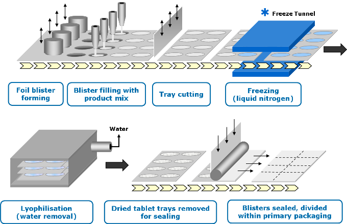 Zydis Manufacturing Process A Zydis tablet is made using lyophilization. Firstly, the bulk API is formulated into a liquid solution or suspension. The liquid is then precisely filled into pre-formed blisters and passed through a cryogenic freezing process to control the size of the ice crystals, before the units are transferred to large-scale lyophilizers. Given that tablets made by freeze-drying can be sensitive to environmental conditions, the sealing and packaging process is also important. The blisters are subject to a heat-seal process to protect the product from varying environmental conditions and to ensure long-term stability.
