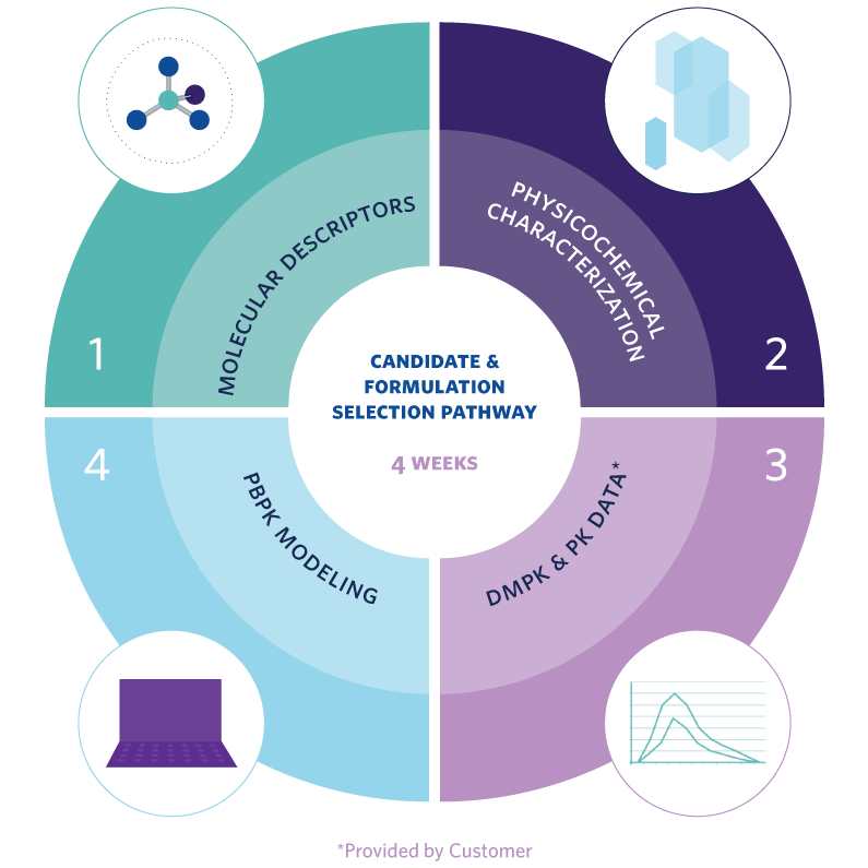 HowProteoSuiteWorks_795x795 Candidate & Formulation Selection Pathway in 4 Weeks consists of 1. Molecular Descriptors, 2. Physicochemical Characterization, 3. DMPK & PK Data and 4. PBPK Modeling
